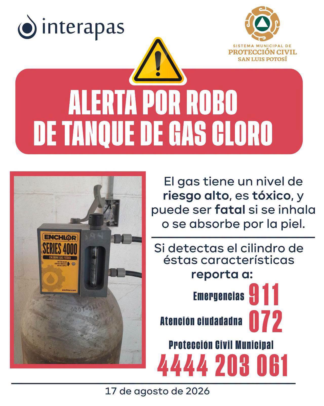 Alerta Interapas por robo de tanque de gas cloro