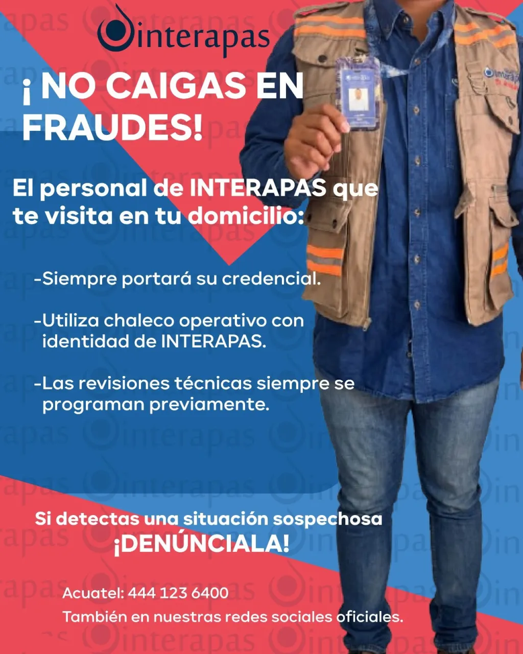 INTERAPAS alerta a la población por personas que se hacen pasar por personal del organismo.