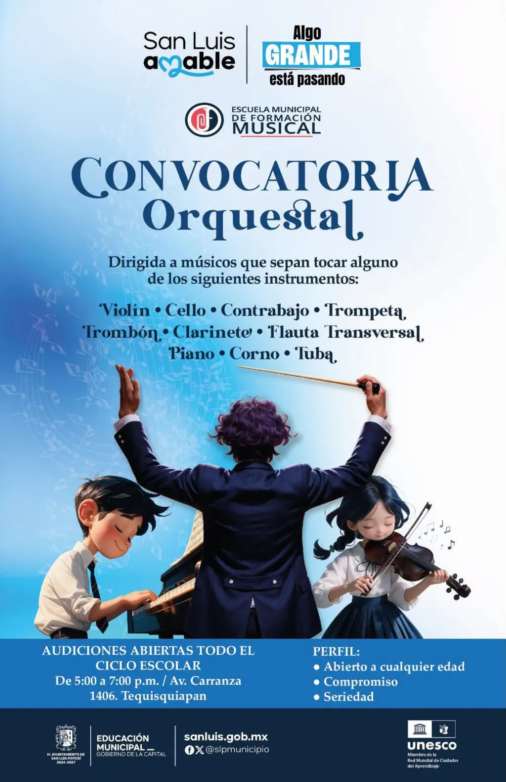 Permanece abierta convocatoria para integrar la Orquesta Municipal de San Luis Capital
