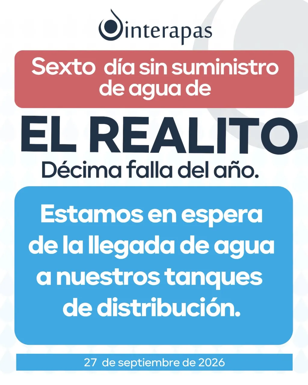 En el sexto día de falla, continúa sin llegar agua de El Realito