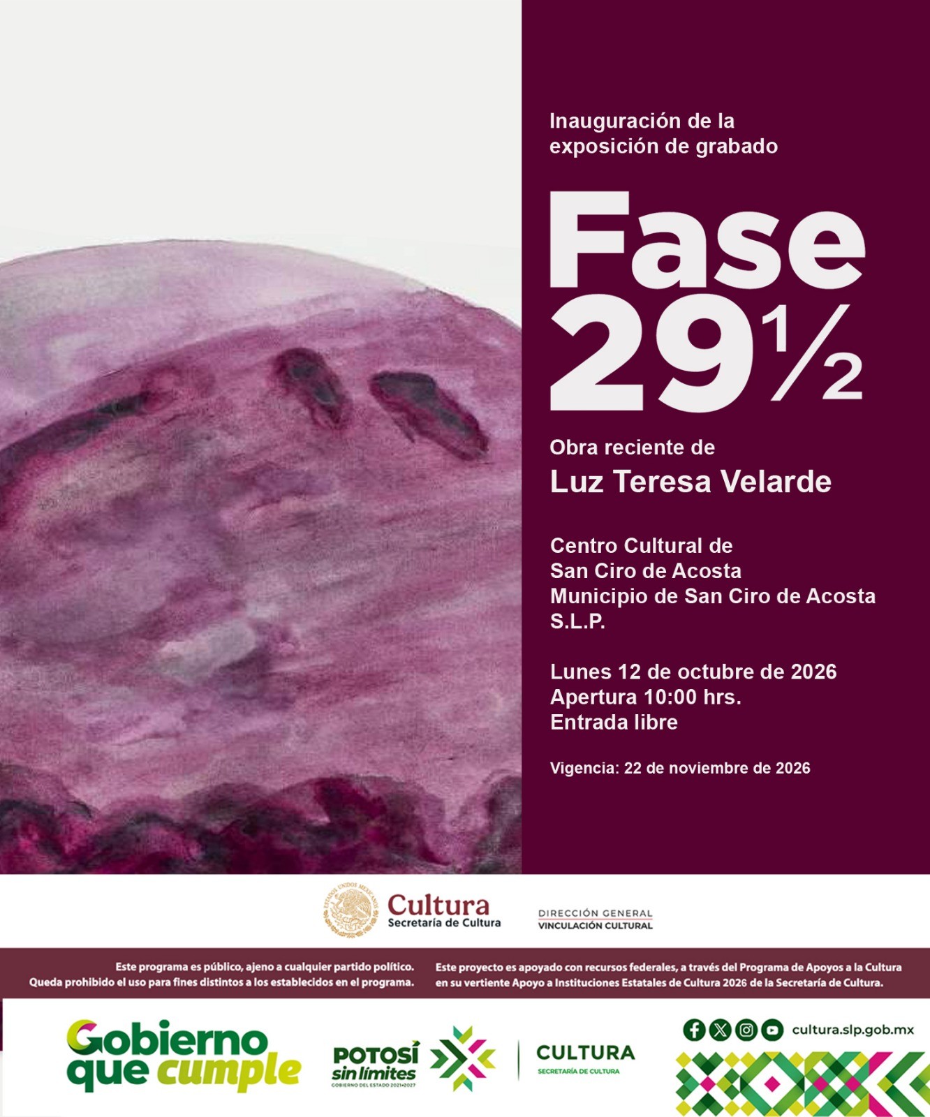 SAN CIRO DE ACOSTA RECIBIRÁ LA EXPOSICIÓN “FASE 29 ½” DE LUZ TERESA VELARDE